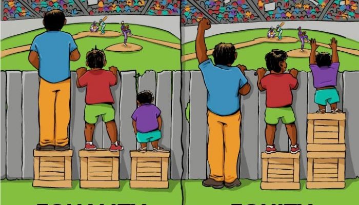 A tall, medium, and small person watch a baseball game from behind a fence while standing on wooden crates. The small person is not tall enough to see over the fence so the tall person gives the small person his crate. Now everyone can see over the fence and enjoy the baseball game. Equality was when all three people had a crate. Equity was when the small person received an extra crate to reach the same height as the tall person.