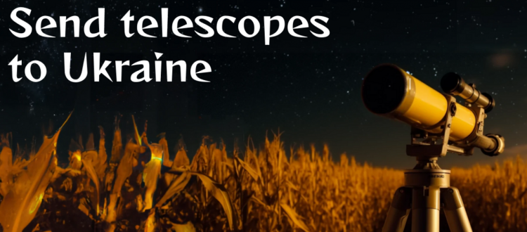 A telescope in a field at night with the text 'Send telescopes to Ukraine' on top