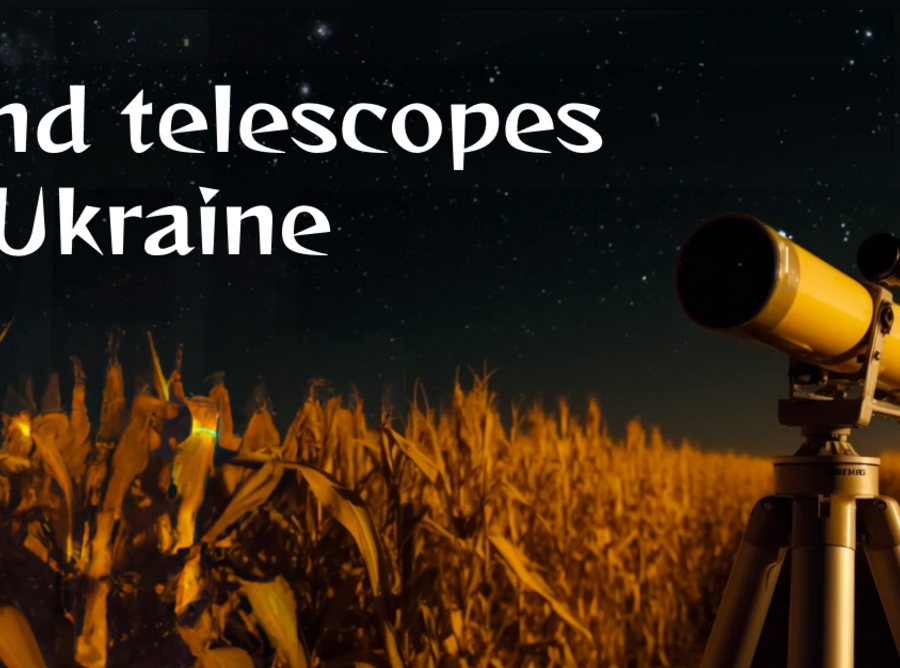A telescope in a field at night with the text 'Send telescopes to Ukraine' on top