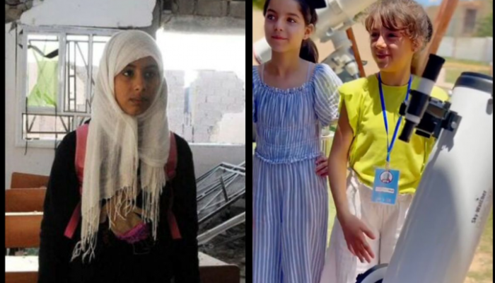 A collage of two pictures next to each other. On the left is a young girl in her hijab carrying a bag. On the right are two young girls surrounded by two telescopes.