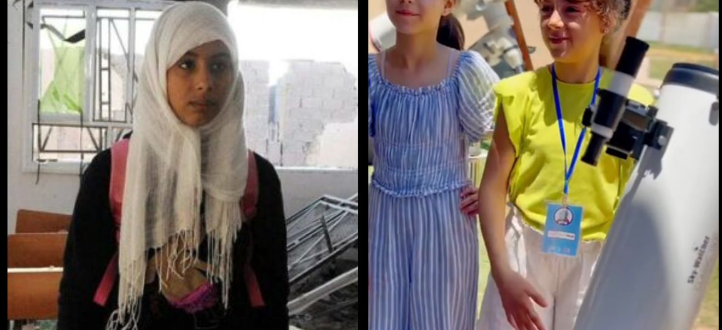 A collage of two pictures next to each other. On the left is a young girl in her hijab carrying a bag. On the right are two young girls surrounded by two telescopes.