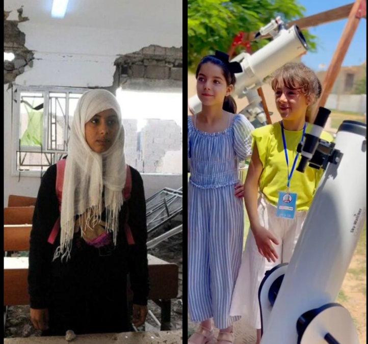 A collage of two pictures next to each other. On the left is a young girl in her hijab carrying a bag. On the right are two young girls surrounded by two telescopes.