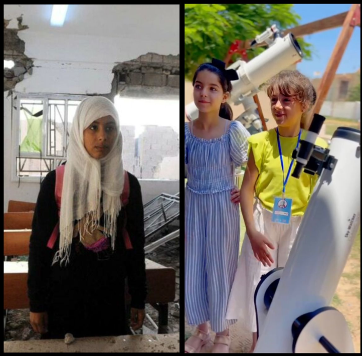 A collage of two pictures next to each other. On the left is a young girl in her hijab carrying a bag. On the right are two young girls surrounded by two telescopes.